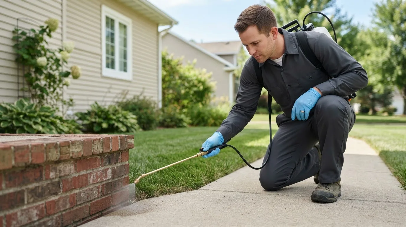 Pest control technician treating a home near Holliday, TX